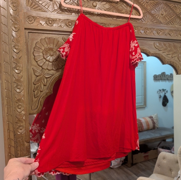 Altar'd State- Red Off-Shoulder Dress Or Tunic with White Embroidery - Picture 6 of 16